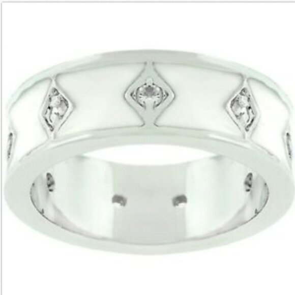 Silver Art Deco Ring Size 5 White Enamel Band Rhodium Vintage Style Plated - Picture 1 of 8